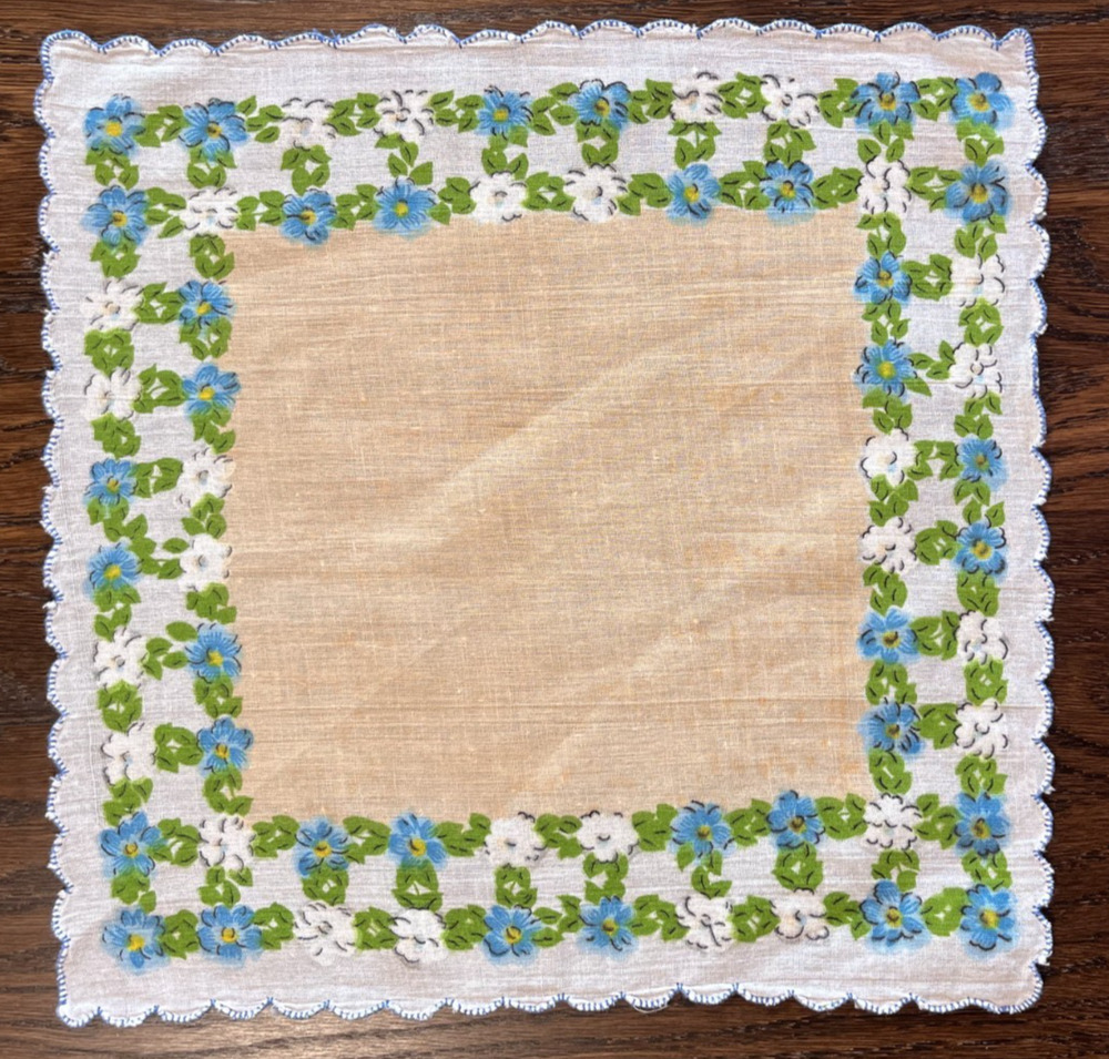 Vintage Retro Handkerchief Blue & Green Flowers 1970s 1980s